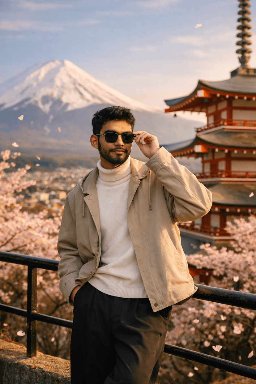 Stylish man with mount fuji