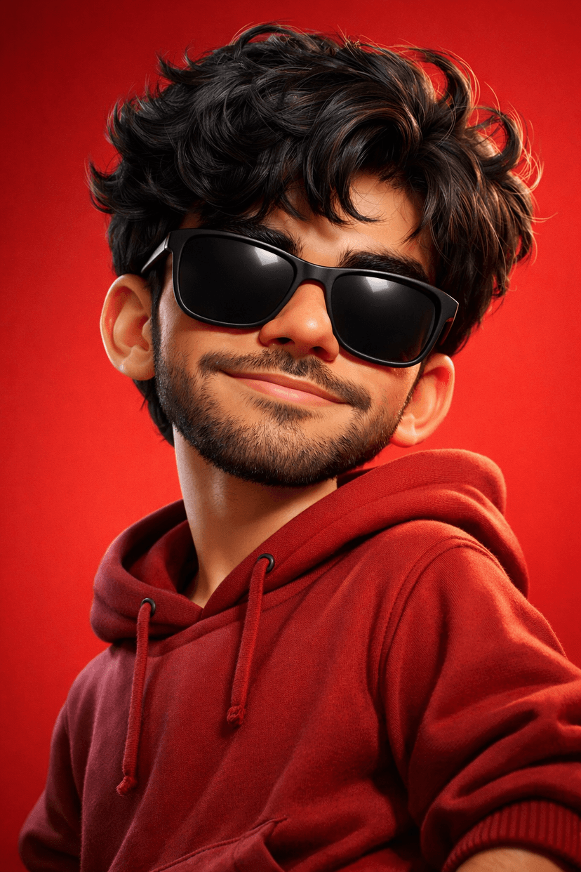 Smirking in a red hoodie